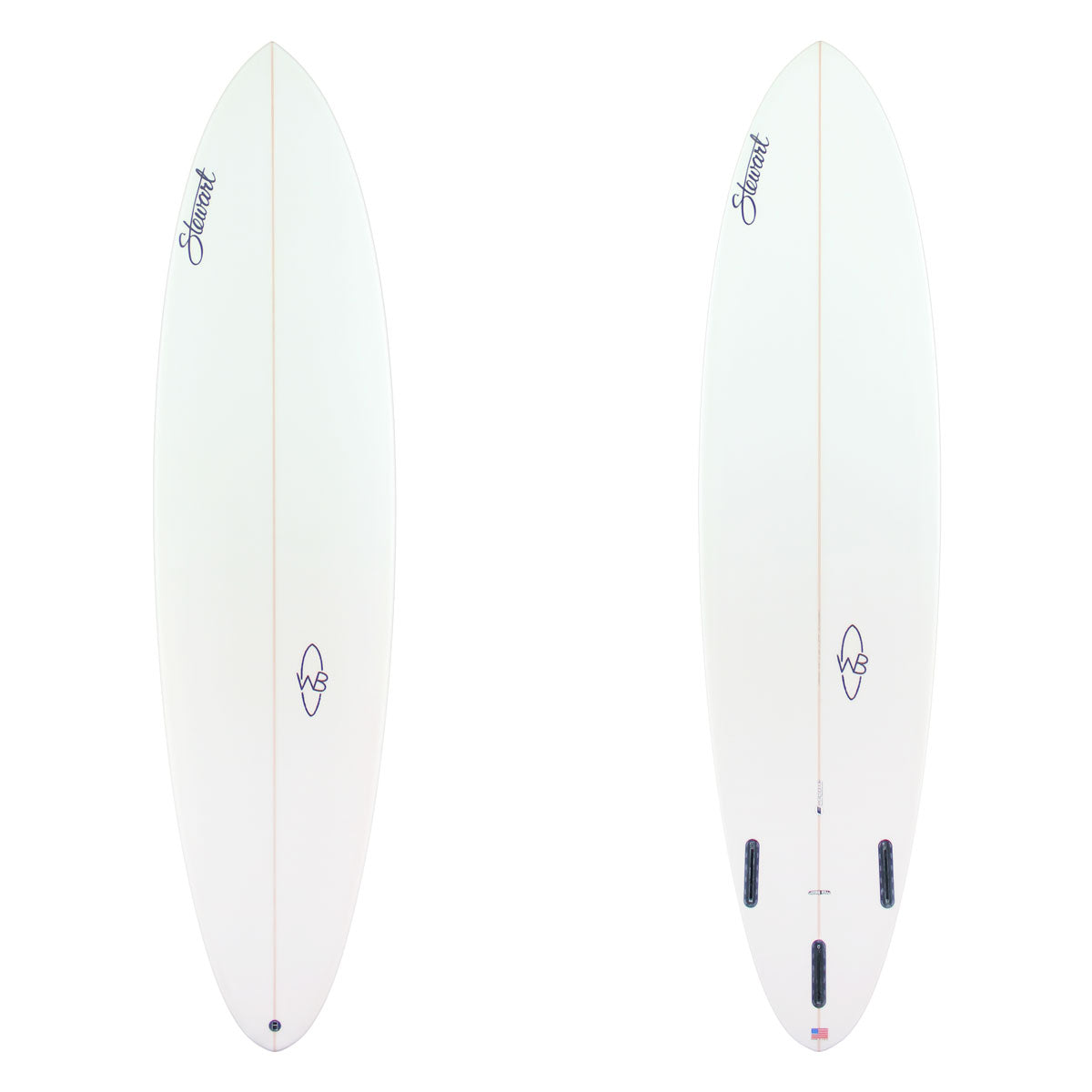 Deck and Bottom View of an all white (clear) Wild Bill Surfboard