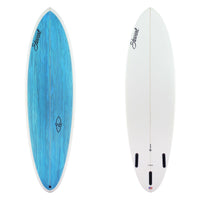 Front and back views of a surfboard on a white background. The top deck features a vibrant blue wood-grain pattern with a white edge, and the bottom deck is solid white with black fin slots and a black script logo.