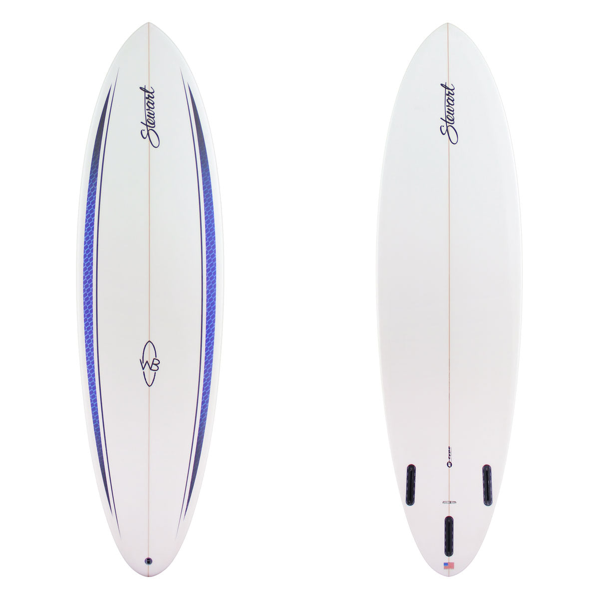 Stewart Midlength 6'6" Wild Bill (6'6", 21", 2 5/8") B#130060 Black to Blue to Black Fade hexagon design deck pinlines. Clear center deck, rails, and bottom deck. Black Logos. Sand Only.