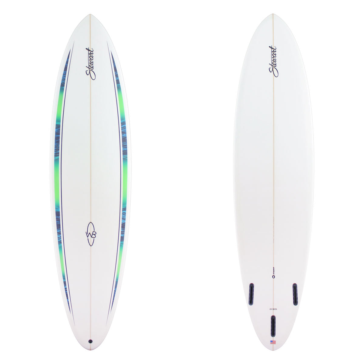 Stewart Midlength 7'6" Wild Bill (7'6", 22", 2 7/8") B#130082 Blue and Green Deck Pinlines. Clear rails bottom deck and center deck. Black Logos. Sand Only.