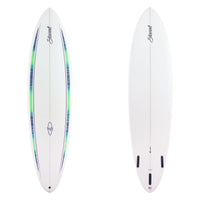 Stewart Midlength 7'6" Wild Bill (7'6", 22", 2 7/8") B#130082 Blue and Green Deck Pinlines. Clear rails bottom deck and center deck. Black Logos. Sand Only.
