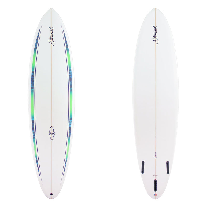 Stewart Midlength 7'6" Wild Bill (7'6", 22", 2 7/8") B#130082 Blue and Green Deck Pinlines. Clear rails bottom deck and center deck. Black Logos. Sand Only.