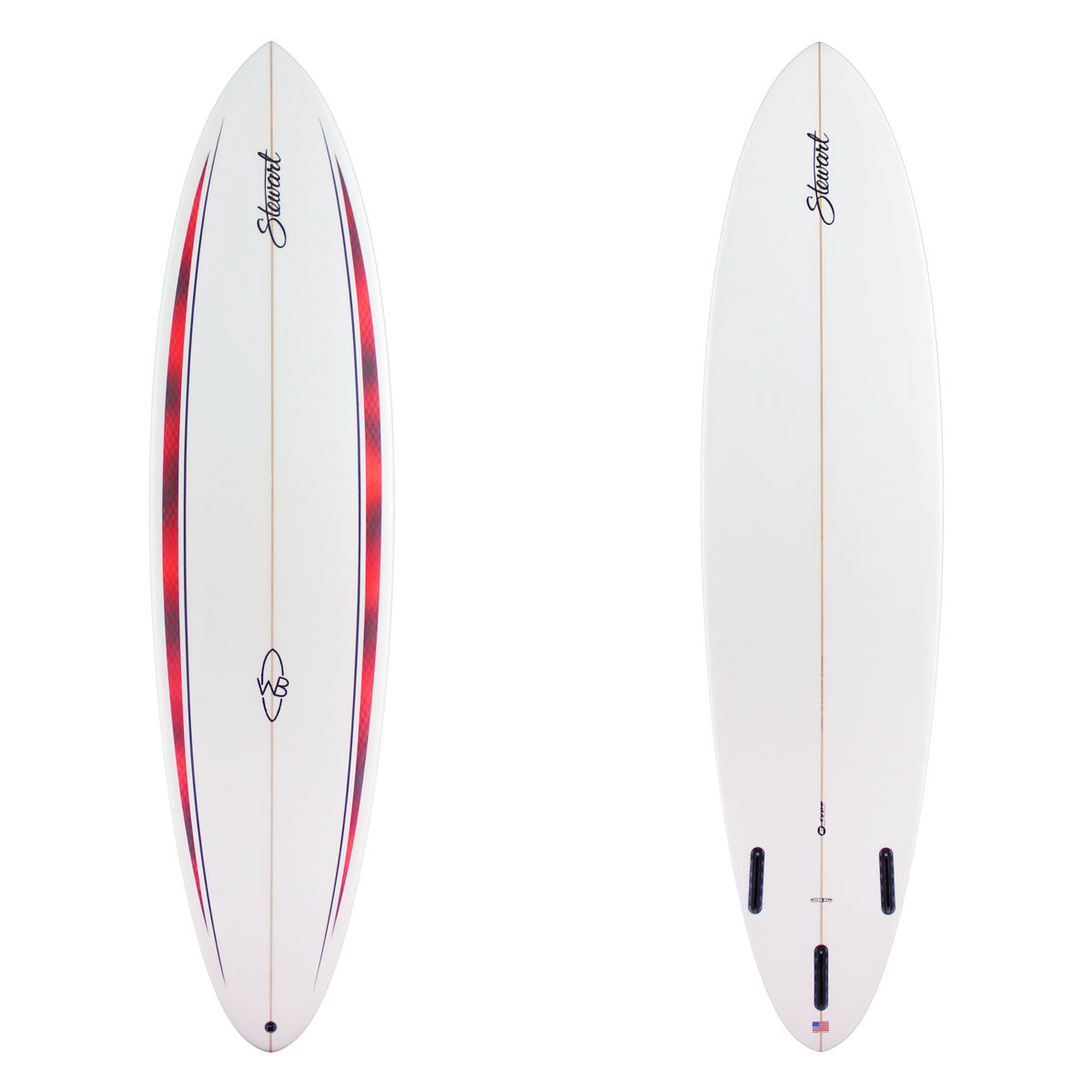 Stewart Midlength 7'6" Wild Bill (7'6", 22", 2 7/8") B#130083 Red and Black Fade Deck Pinlines. Clear center deck, rails, and bottom deck. Black Logos. Sand Only.