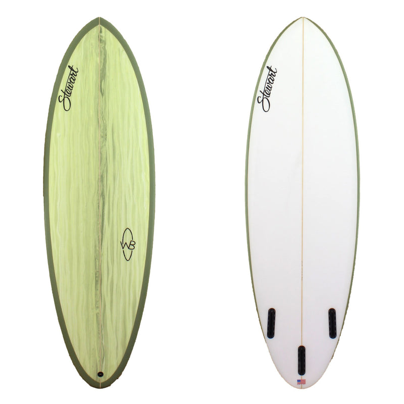 Stewart Surfboards 6'0" Wild Bill mid-length surfboard with green swirl deck and green rails