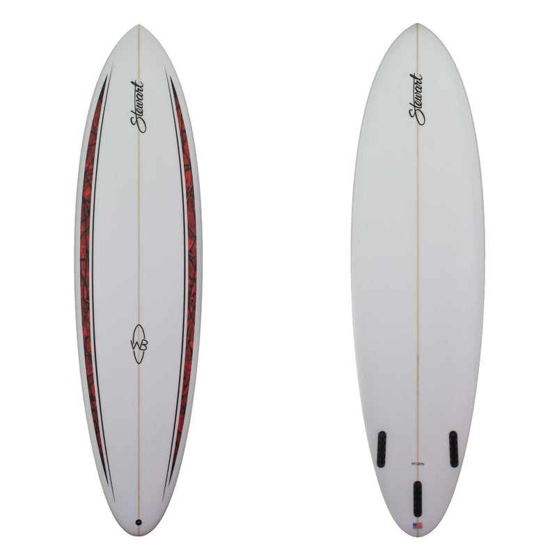 Deck and bottom view of a Wild Bill surfboard with red and black paint swirl style racing stripes on the deck. Clear bottom with sand finish all around. 