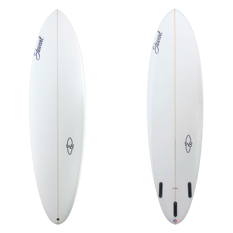 Two white surfboards with branding on a white background