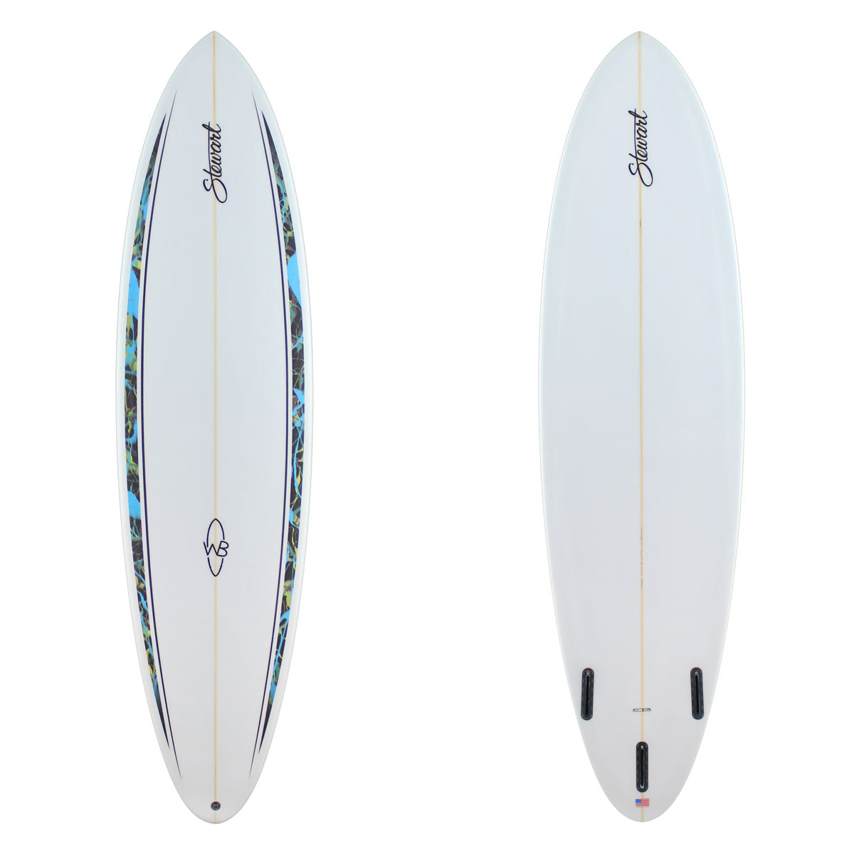 Stewart Mid-Length 7'4" Wild Bill (7'4", 22", 2 7/8") B#129262 with black and blue acid splash spears on the deck rails