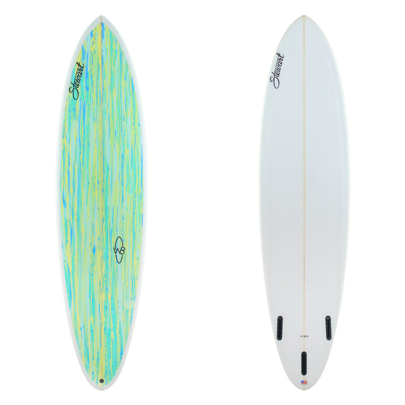 Two surfboard images. The top image has yellow and blue artwork with black logos. The bottom is white with black logos.