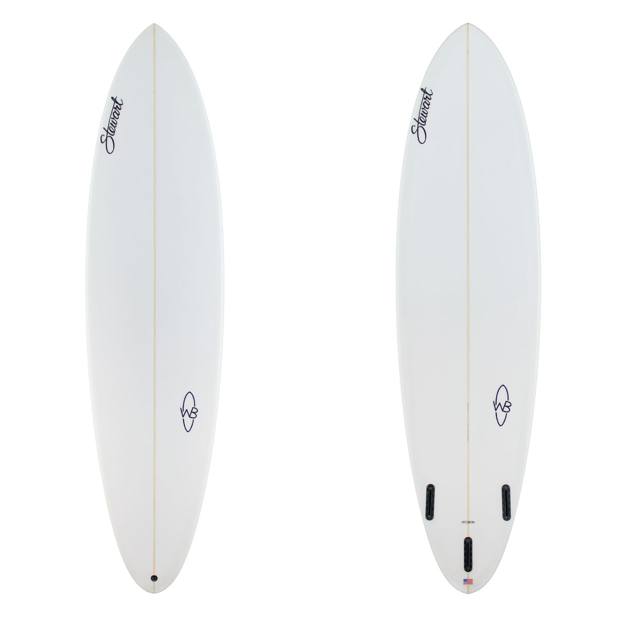 Two white surfboards with branding on a white background