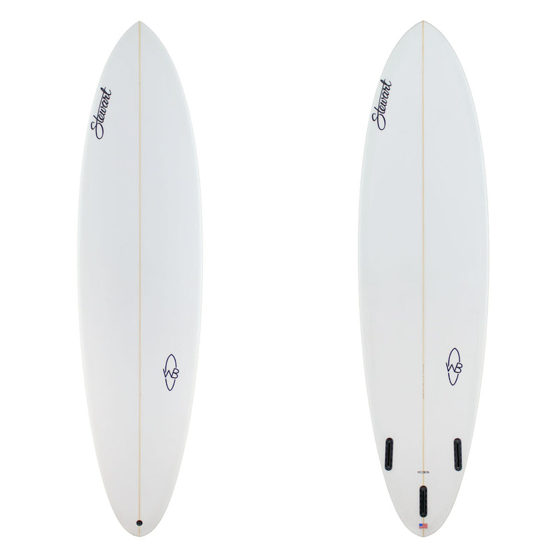 Two white surfboards with branding on a white background