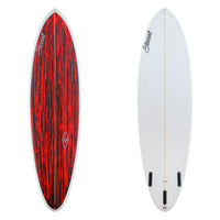 Two surfboards, one with a red and black pattern and the other white with black accents, on a white background.