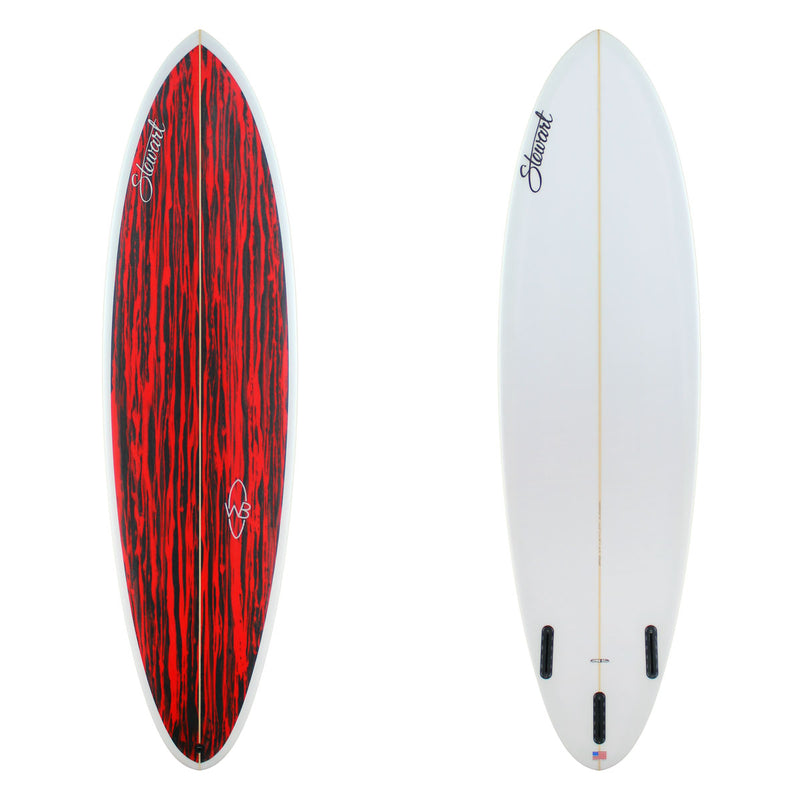 Two surfboards, one with a red and black pattern and the other white with black accents, on a white background.
