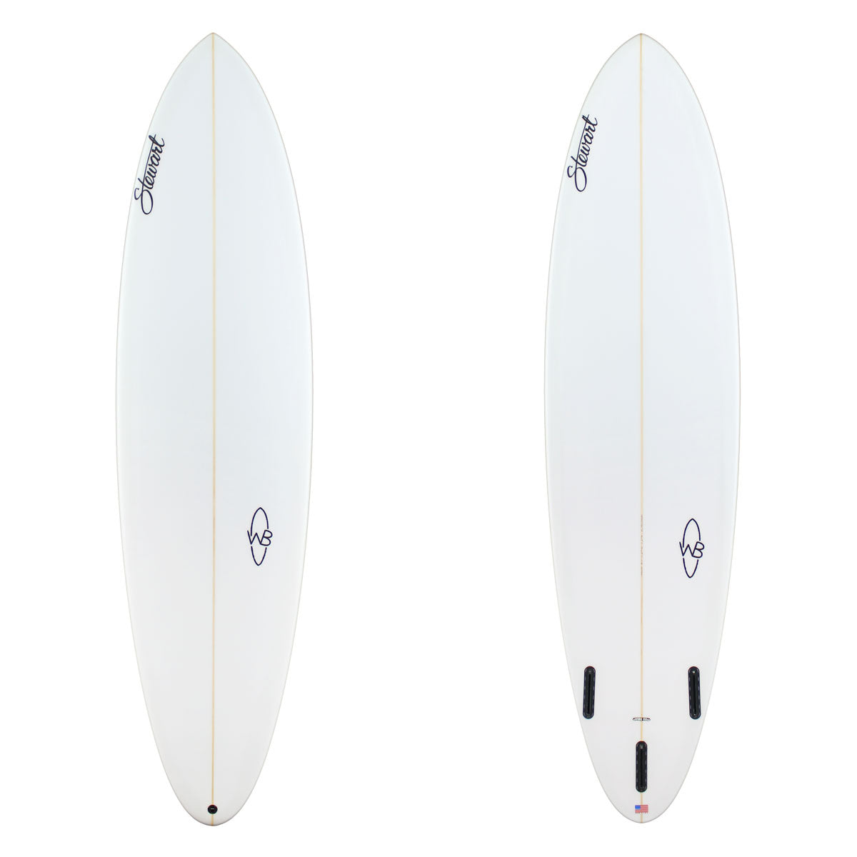 two imags of a white surfboard with black branding
