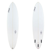 two imags of a white surfboard with black branding
