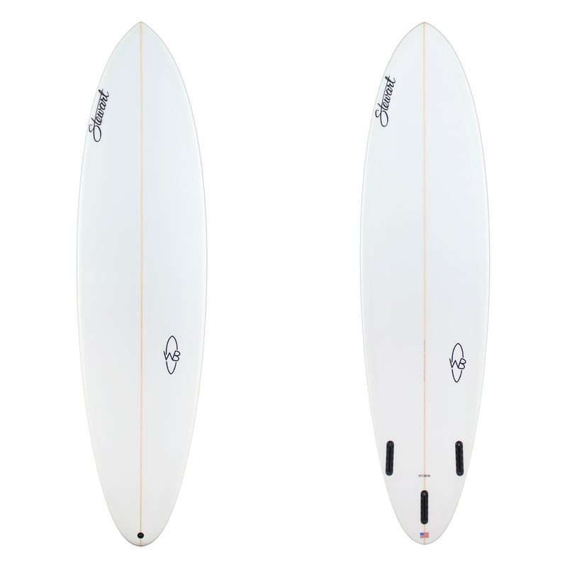 two imags of a white surfboard with black branding
