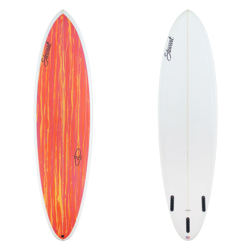 Surfboard with red and orange design on one side and white on the other, featuring a brand logo.
