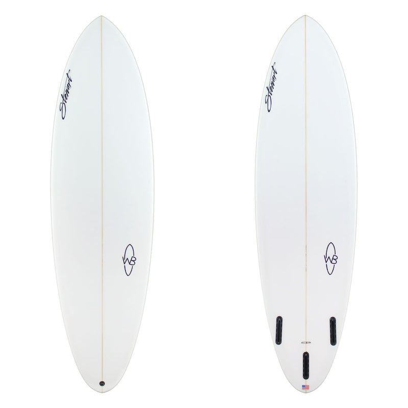 Two white surfboards with branding on a white background