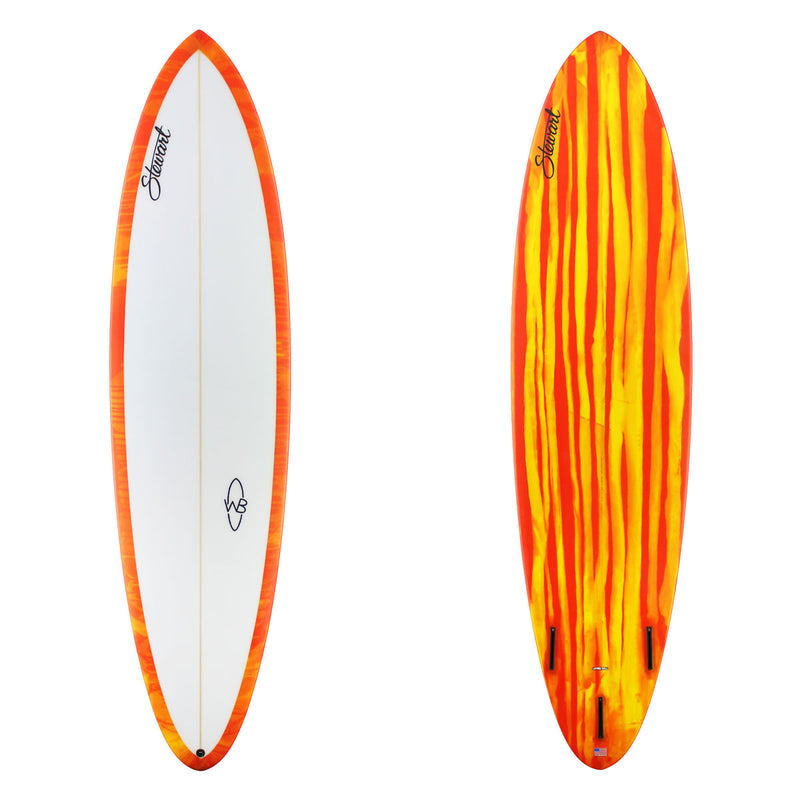 two surfboard images. The top has yellow and red rails. the bottom has a yellow and orange abstract design. There is black branding.