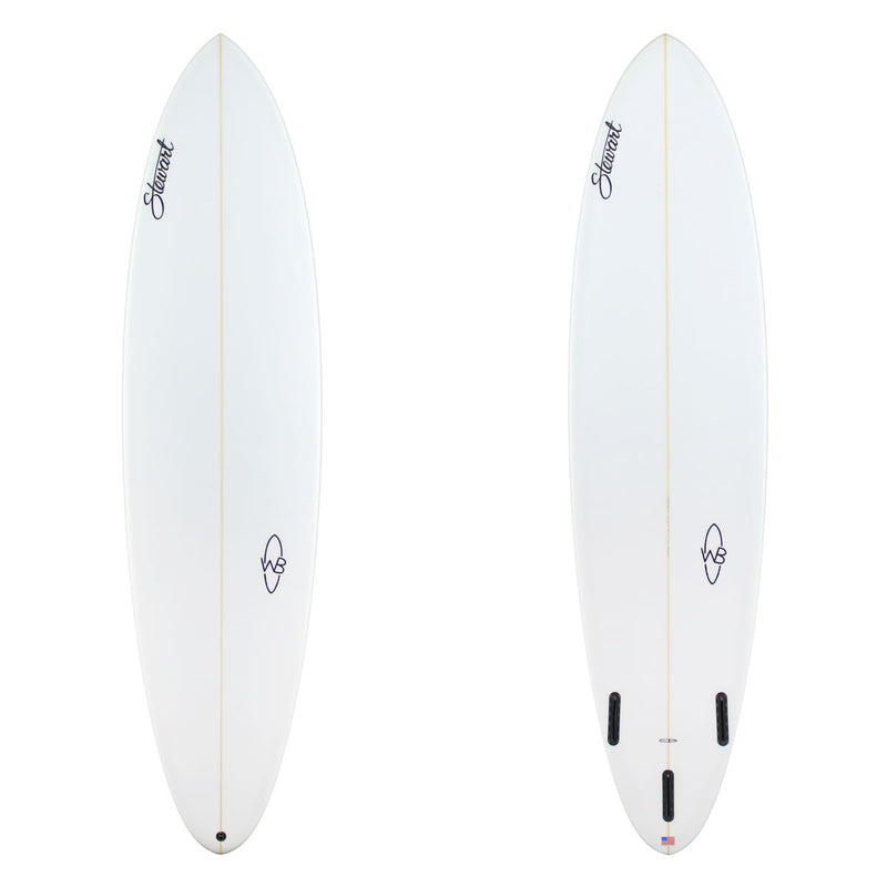 Two white surfboards with branding on a white background