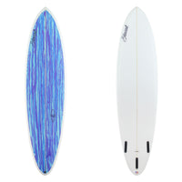 Two surfboards, one with a blue and purple pattern and the other white, on a white background.