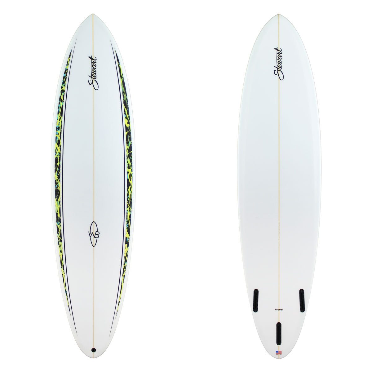 two images of a surfboard with black and yellow rails spears and black branding