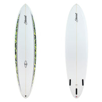 two images of a surfboard with black and yellow rails spears and black branding