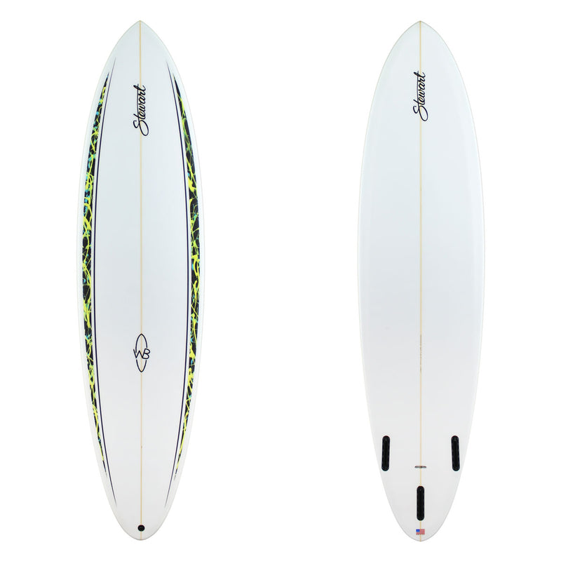 two images of a surfboard with black and yellow rails spears and black branding
