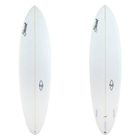 two images of a white surfboard with black branding