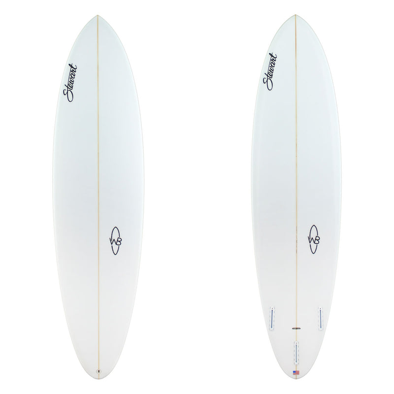 two images of a white surfboard with black branding