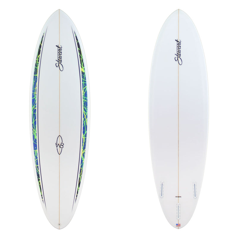 Stewart Mid-Length 6'2" Wild Bill (6'2", 20 3/4", 2 5/8") B#129825 with blue and yellow spears on the deck