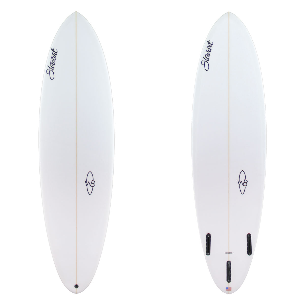 two images of white surfboard with black branding