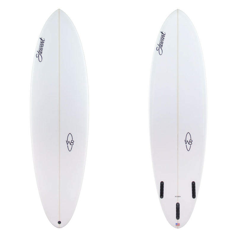 two images of white surfboard with black branding