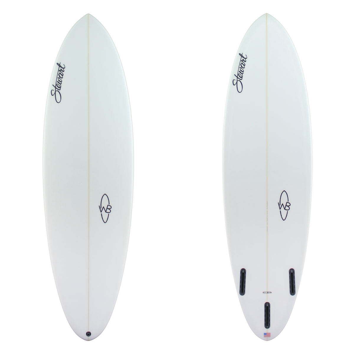 Deck and bottom of a clear white Wild Bill Surfboard