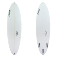 Deck and bottom of a clear white Wild Bill Surfboard