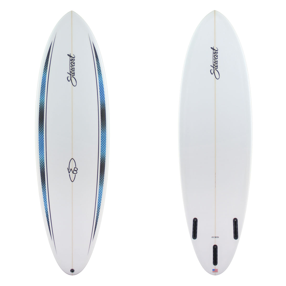 Stewart Midlength 6'0" Wild Bill (6'0", 20 1/2", 2 1/2") B#130137 Clear bottom with black and blue hexagon pinlines. Clear center deck. Black Stewart and Wild Bill Logos. Sand Only.