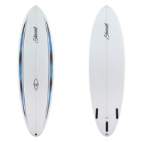 Stewart Midlength 6'0" Wild Bill (6'0", 20 1/2", 2 1/2") B#130137 Clear bottom with black and blue hexagon pinlines. Clear center deck. Black Stewart and Wild Bill Logos. Sand Only.