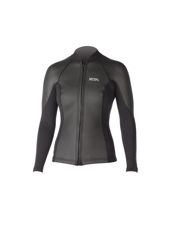 Black wetsuit jacket with a brand logo on a white background