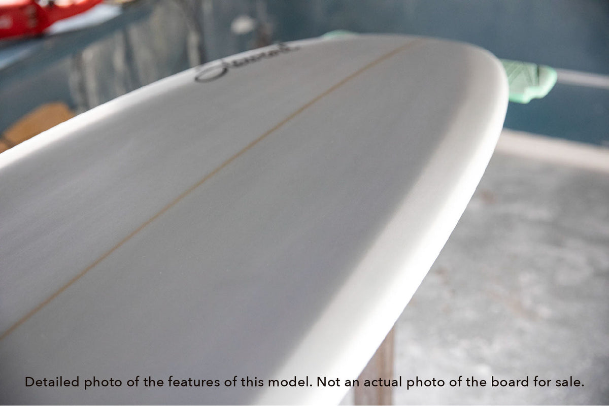 detail of the rail of a Stewart Wild Bill mid length surfboard