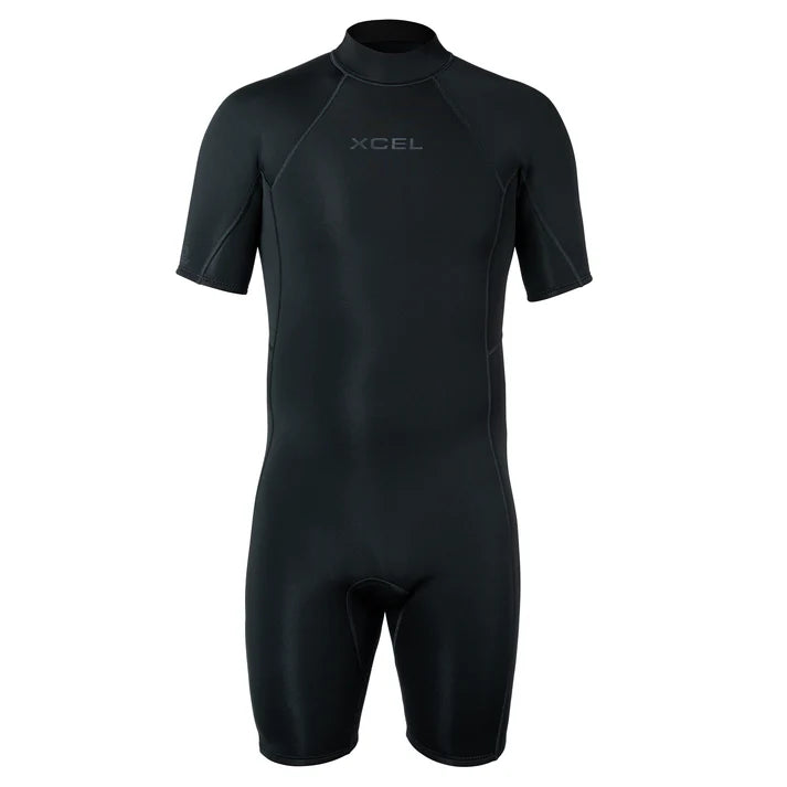 Black wetsuit with XCEL branding on a white background