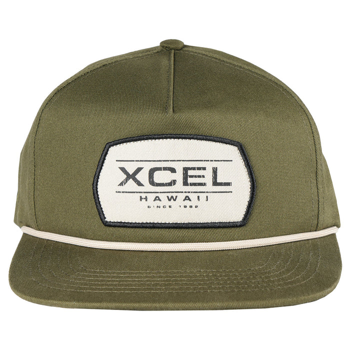 A green cotton twill visor baseball cap with an XCEL patch logo on the front.