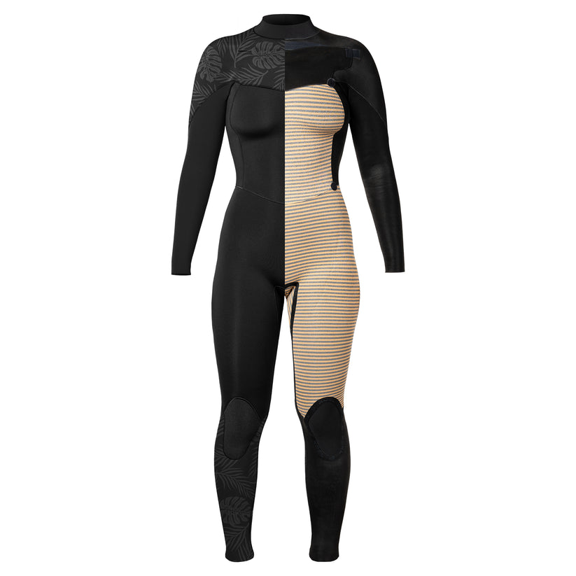 A black XCEL WetSuits women's fullsuit with a back zip design, featuring a skin-tight fit and reinforced taped seams.