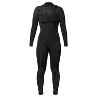 A black XCEL WetSuits women's fullsuit with a back zip design, featuring a skin-tight fit and reinforced taped seams.