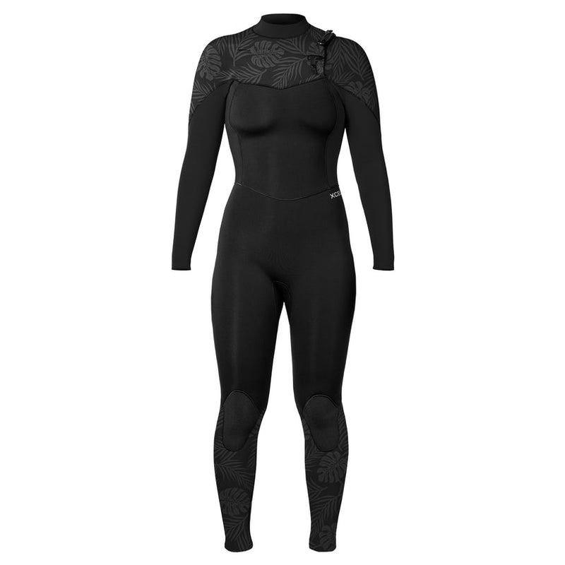 A black XCEL WetSuits women's fullsuit with a back zip design, featuring a skin-tight fit and reinforced taped seams.