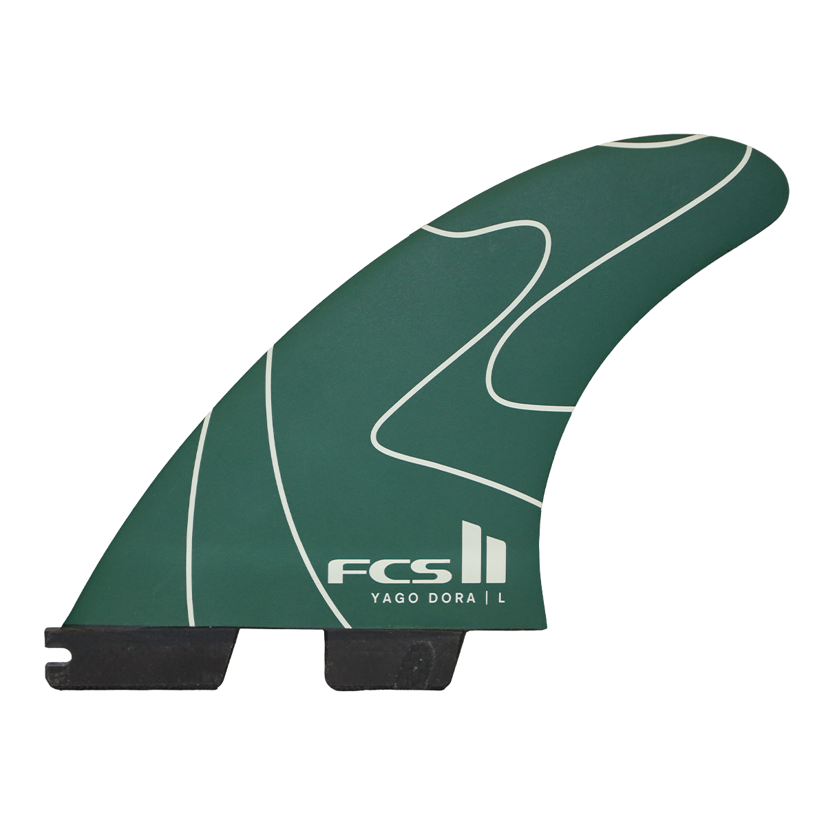 Green surf fin with white branding on a white background