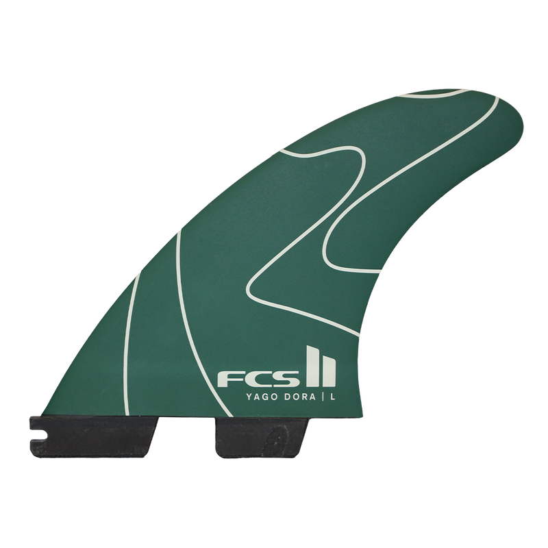 Green surf fin with white branding on a white background