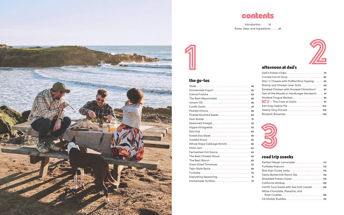 People sitting at a picnic table by the ocean with a table of contents overlay.