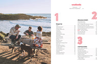 People sitting at a picnic table by the ocean with a table of contents overlay.