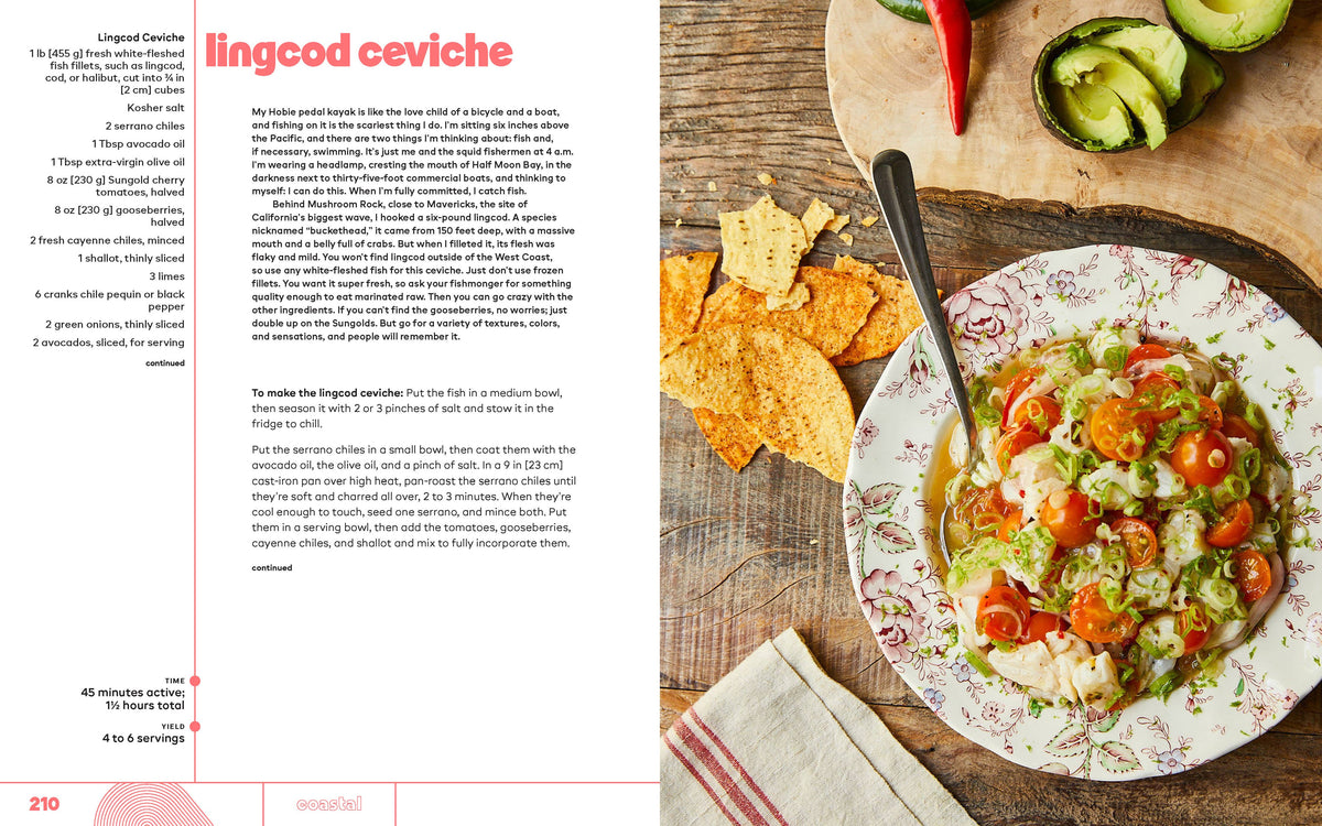Lingcod ceviche on a plate with tortilla chips and a cutting board in the background