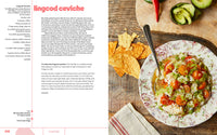 Lingcod ceviche on a plate with tortilla chips and a cutting board in the background
