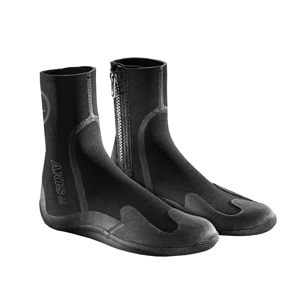 Pair of black neoprene diving boots with zippers on a white background